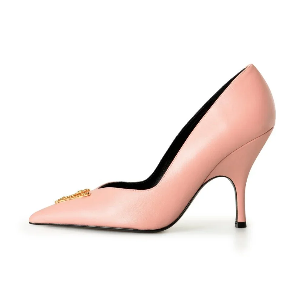 Versace Women's Gold V-Logo Dark Rose 100% Leather Heeled Pumps Shoes US 6 IT 36 - Picture 2 of 8